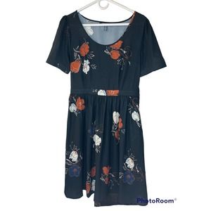 ModCloth Black Rust Navy Floral Dress Knee Length Sheer Sleeves Button Detail